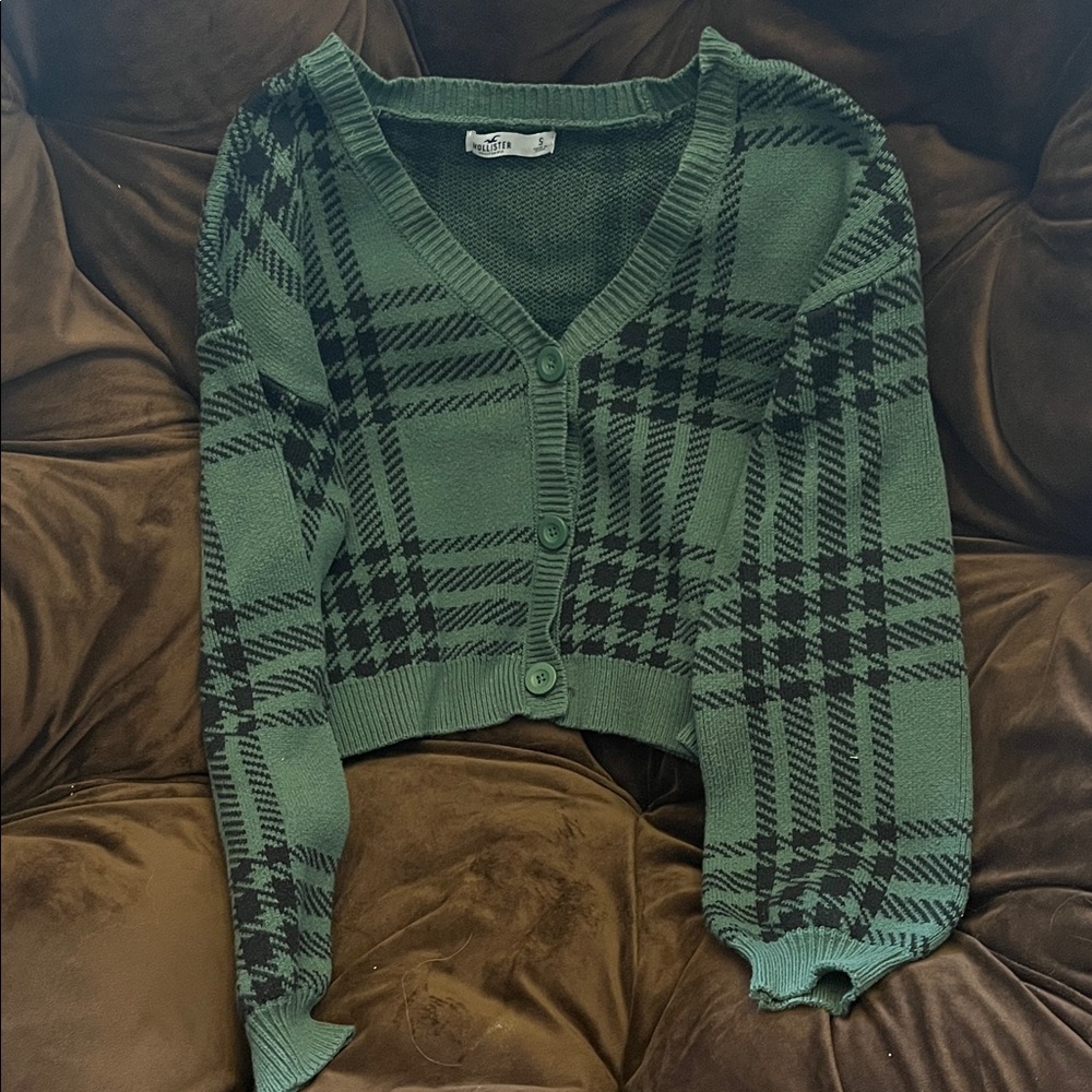 Hollister Green and Black Plaid Cardigan